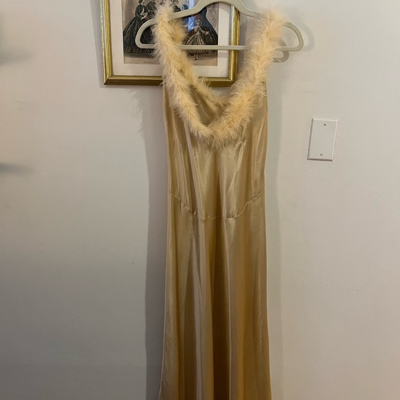 RARE Natori Vintage Champagne Slip Dress With Marabou Feather Trim - Picture 5 of 5